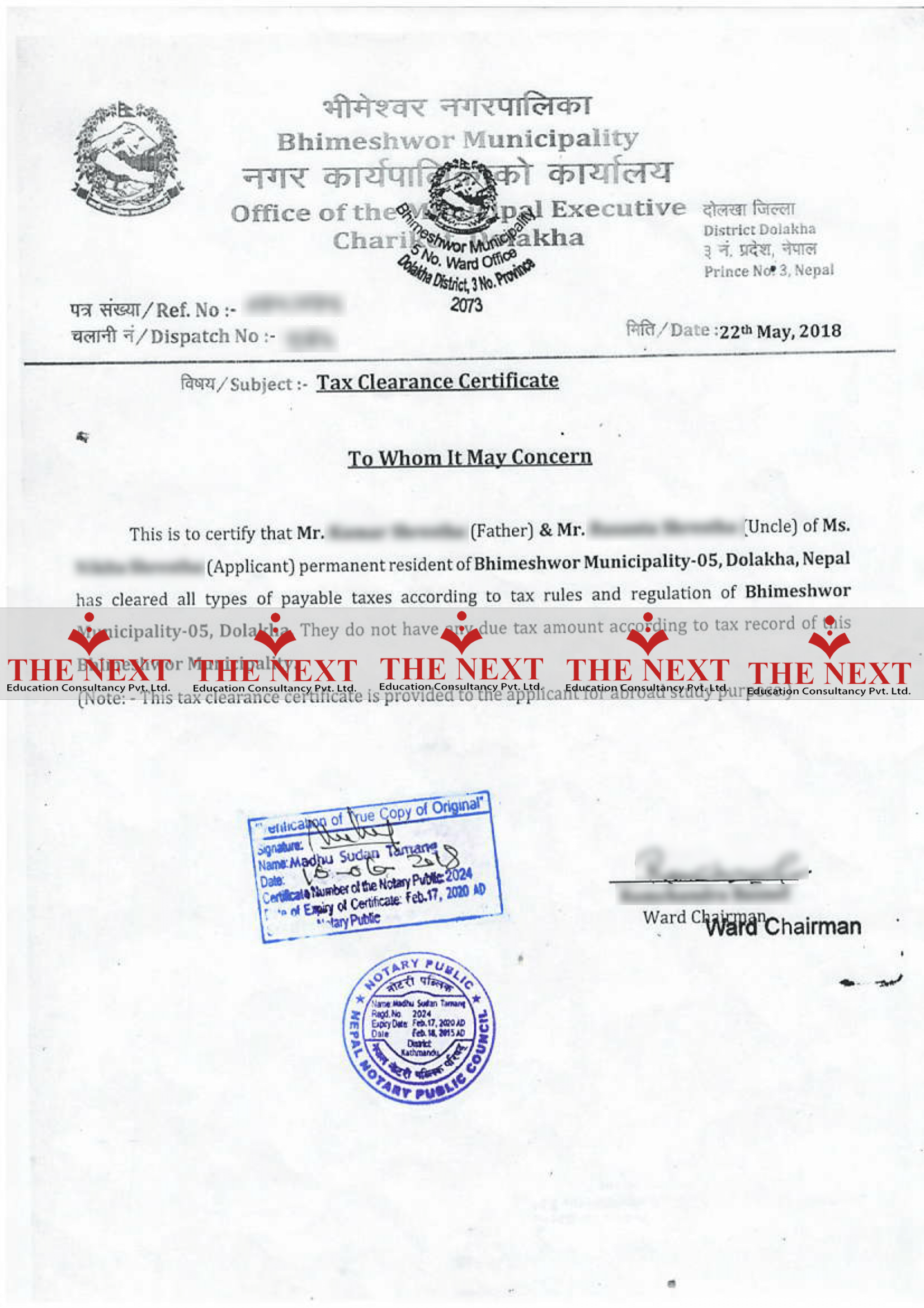 Tax Clearance Certificate from Ward Sample Documents